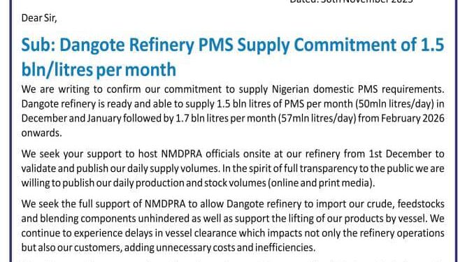 Dangote Refinery Commitment to supply  1.5 bin/litres per month